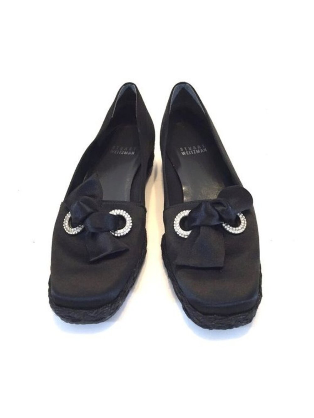 Stuart Weitzman Womens Wedge Espadrille Loafers Black Satin Bow Jewels size 5.5 - Picture 2 of 11
